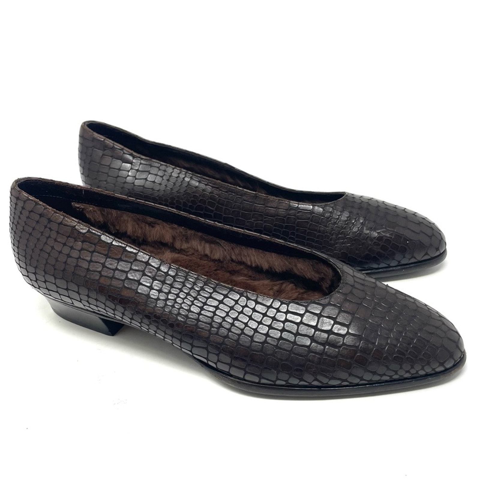 New Vintage Baldinini Made In Italy Fur Lined Brown Snakeskin Pumps Women's 8